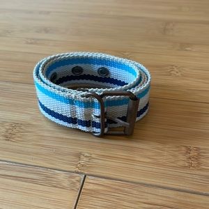 Multi striped Belt Woven Canvas Blue, tan , White rectangular buckle
